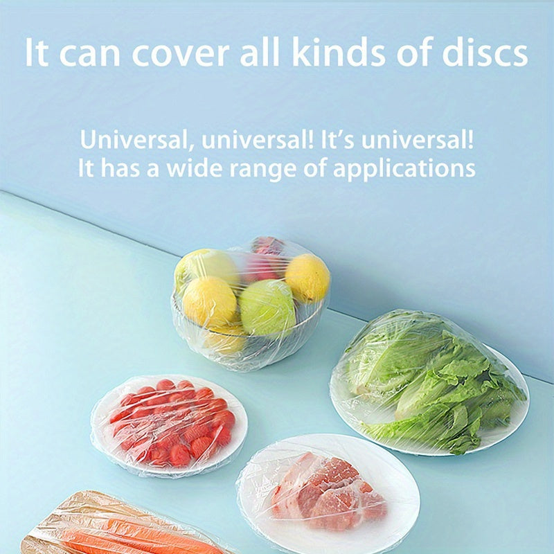 100 pieces of disposable food covers made of plastic wrap with elastic bands - ideal for covering fruits, bowls, and cups to keep them fresh in the kitchen.