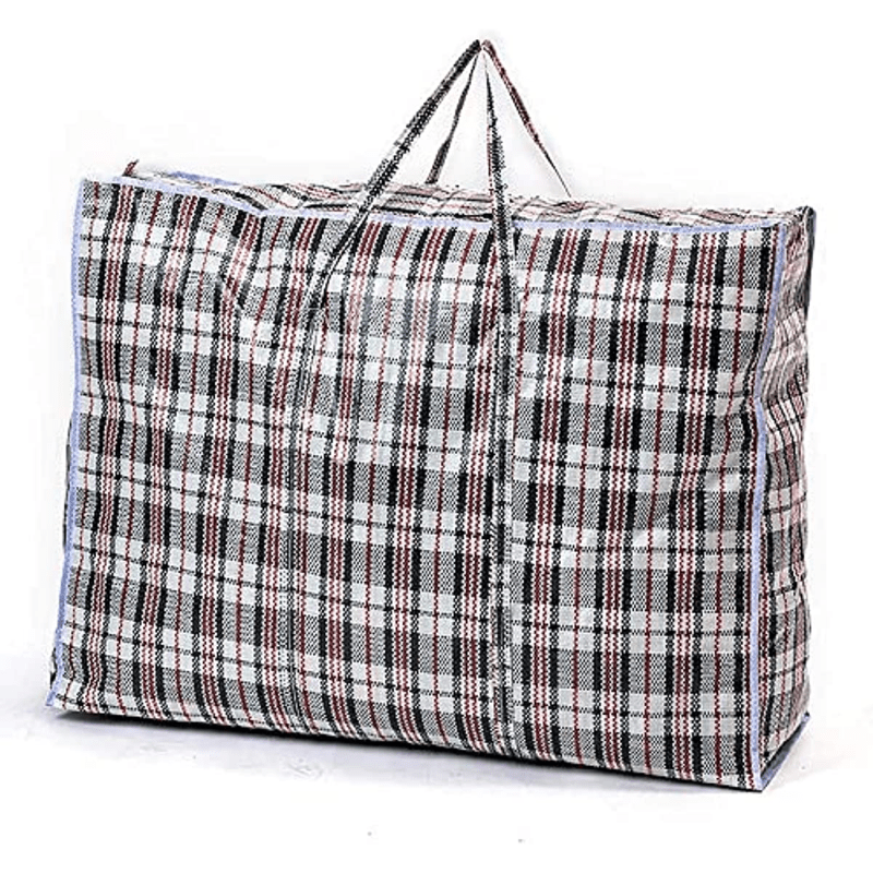 Three extra-large, sturdy moving and storage bags designed for durability. These reusable bags feature a high capacity for organizing clothes, with a strong zipper and handles for easy transport. The blue and white checkered pattern adds style to