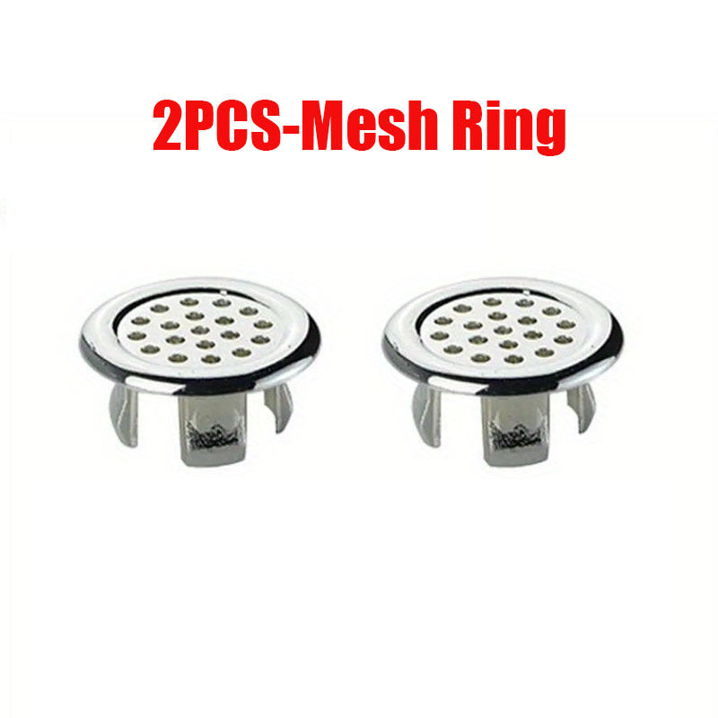 2 plastic bathroom sink overflow rings with chrome hole drain caps.