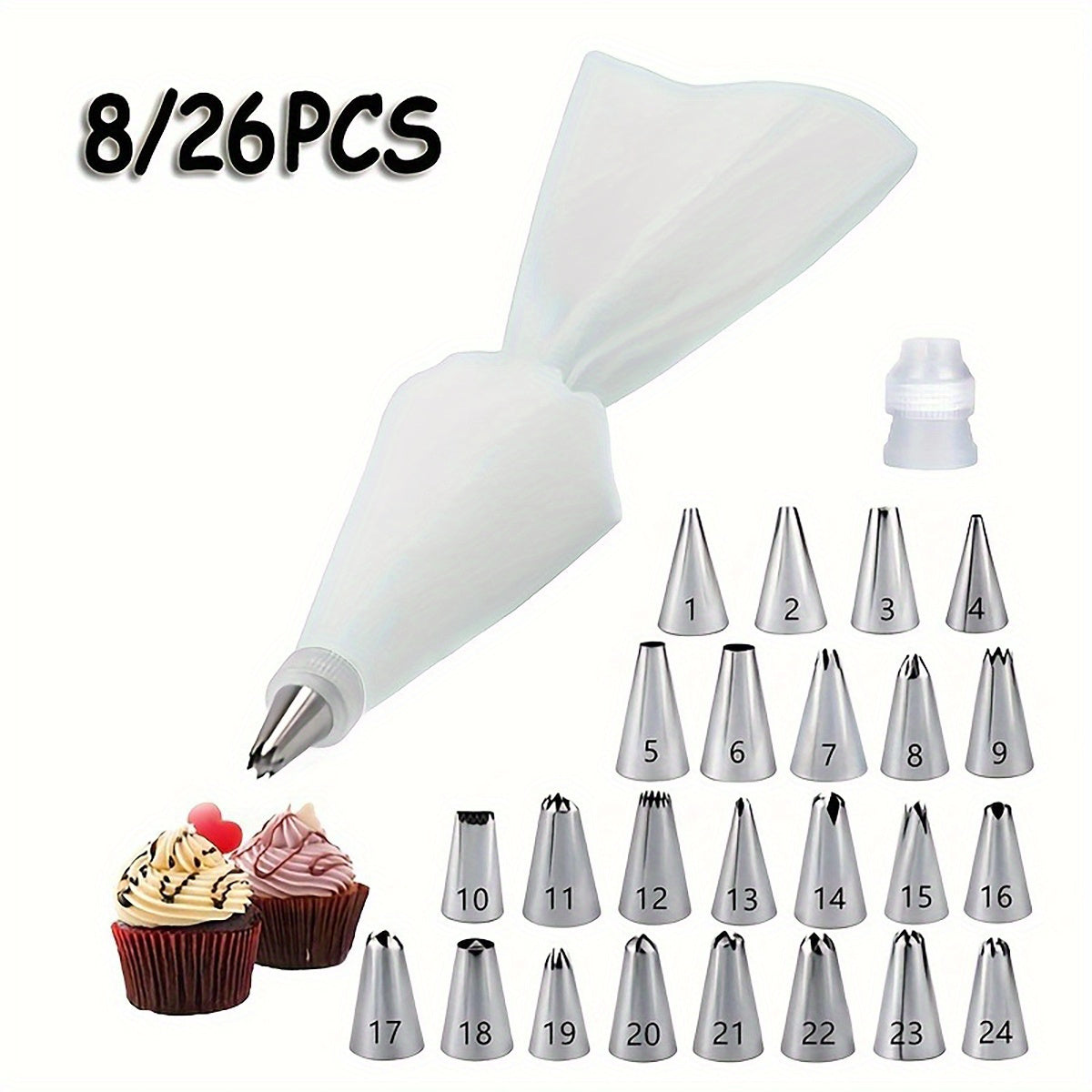 Set of 8/26 stainless steel icing and piping tips, including 6/24 nozzles, pastry bag, and coupler. Perfect for decorating cakes, cupcakes, cookies, and desserts. Ideal for baking and creating beautiful decorations.