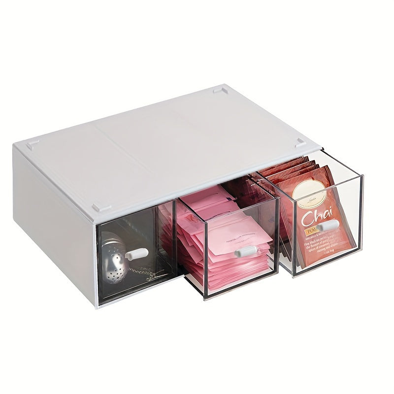 Clear Plastic Tea Bag Organizer with Drawer - Convenient Kitchen Storage Solution for Coffee, Tea, Sugar, and Creamers - Perfect for Organizing Cabinets and Countertops