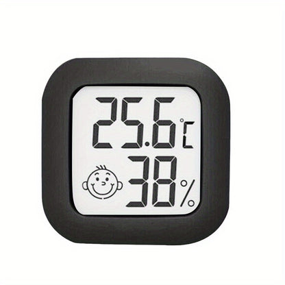 Small white LCD digital thermometer hygrometer with battery, accurate temperature and humidity monitor for home. Features include a joyful face indicator, mini design, and humidity control. Powered by batteries.