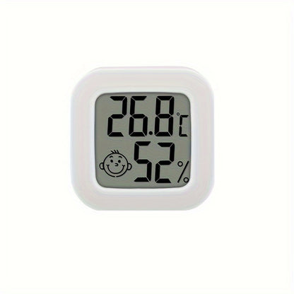 Small white LCD digital thermometer hygrometer with battery, accurate temperature and humidity monitor for home. Features include a joyful face indicator, mini design, and humidity control. Powered by batteries.