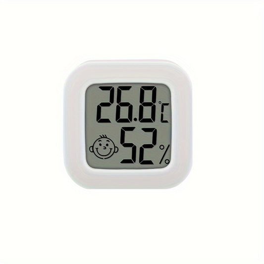 Small white LCD digital thermometer hygrometer with battery, accurate temperature and humidity monitor for home. Features include a joyful face indicator, mini design, and humidity control. Powered by batteries.