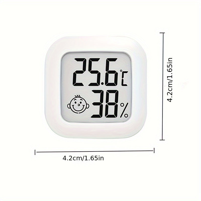 Small white LCD digital thermometer hygrometer with battery, accurate temperature and humidity monitor for home. Features include a joyful face indicator, mini design, and humidity control. Powered by batteries.