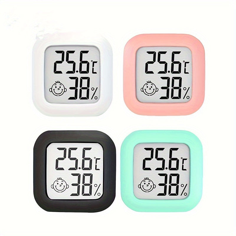 Small white LCD digital thermometer hygrometer with battery, accurate temperature and humidity monitor for home. Features include a joyful face indicator, mini design, and humidity control. Powered by batteries.