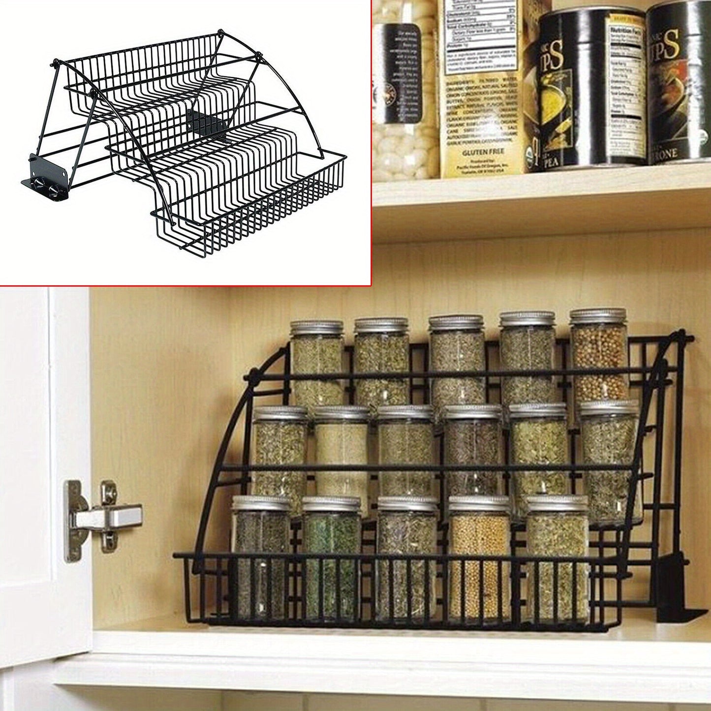 LDQ 3-Tier Pull-Down Spice Rack - Space-saving kitchen organizer for spice jars, easy-access metal storage shelf with retractable design