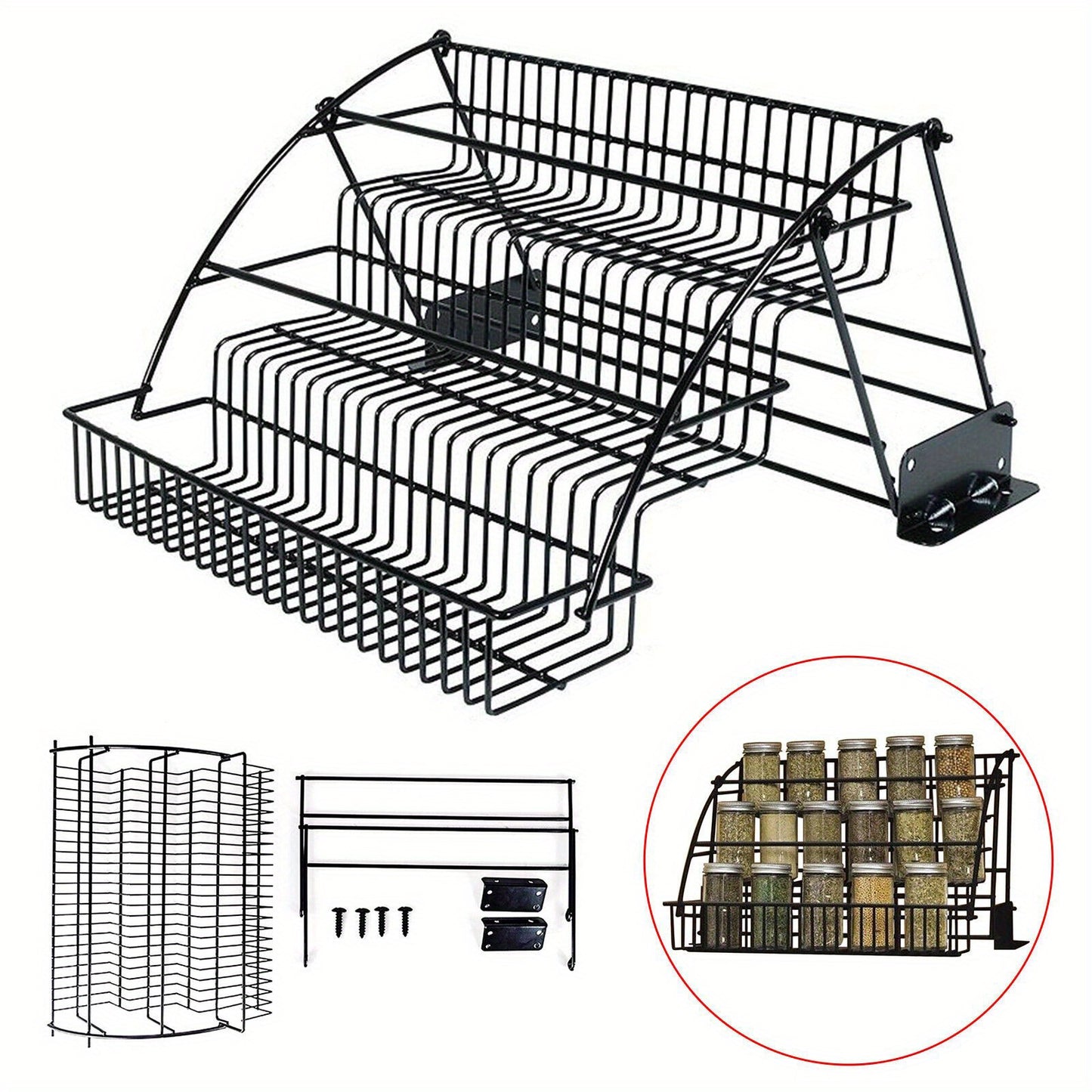 LDQ 3-Tier Pull-Down Spice Rack - Space-saving kitchen organizer for spice jars, easy-access metal storage shelf with retractable design