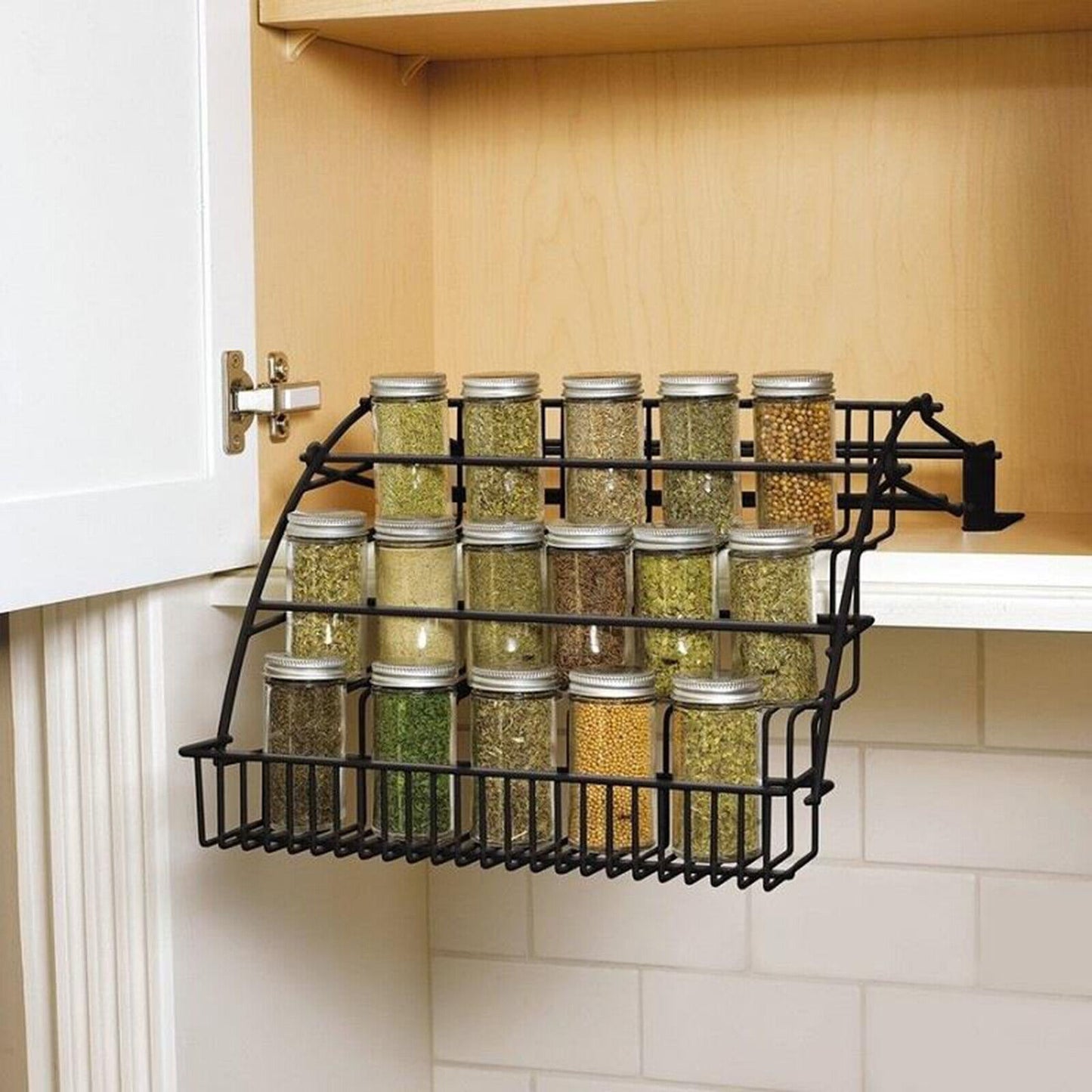 LDQ 3-Tier Pull-Down Spice Rack - Space-saving kitchen organizer for spice jars, easy-access metal storage shelf with retractable design