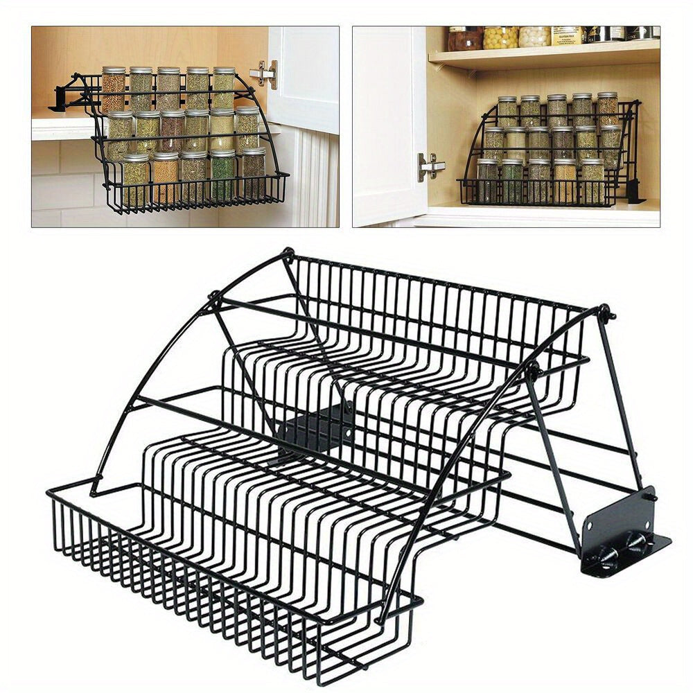 LDQ 3-Tier Pull-Down Spice Rack - Space-saving kitchen organizer for spice jars, easy-access metal storage shelf with retractable design