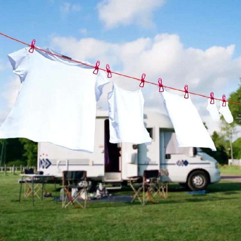 Portable Laundry Drying Rope Rack - Retractable Clothesline with 12 Plastic Clips for Outdoor Use