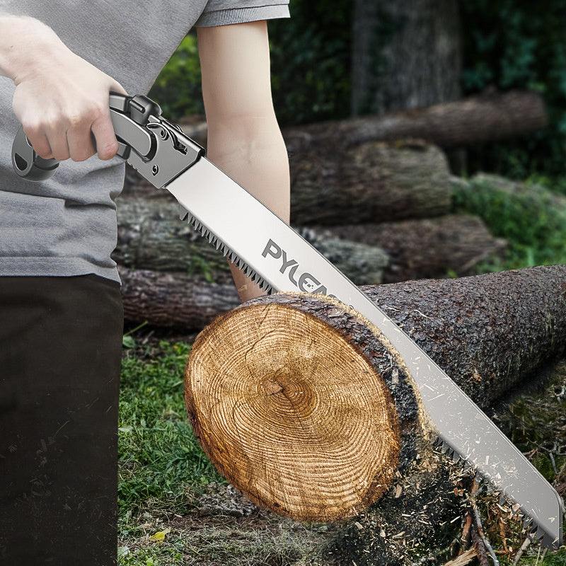 Durable steel hand saw for gardening, ideal for metal surfaces and lawn care, with protective case.