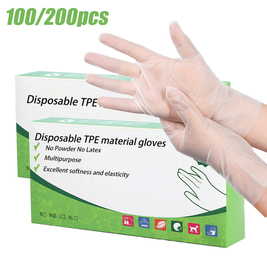 100/200pcs Transparent TPE Gloves: Durable, Waterproof, Powder-Free, Non-Latex, Slip-Resistant for Kitchen, Tattoo, Hair Dyeing, Pet Grooming, Beauty Salon, Household