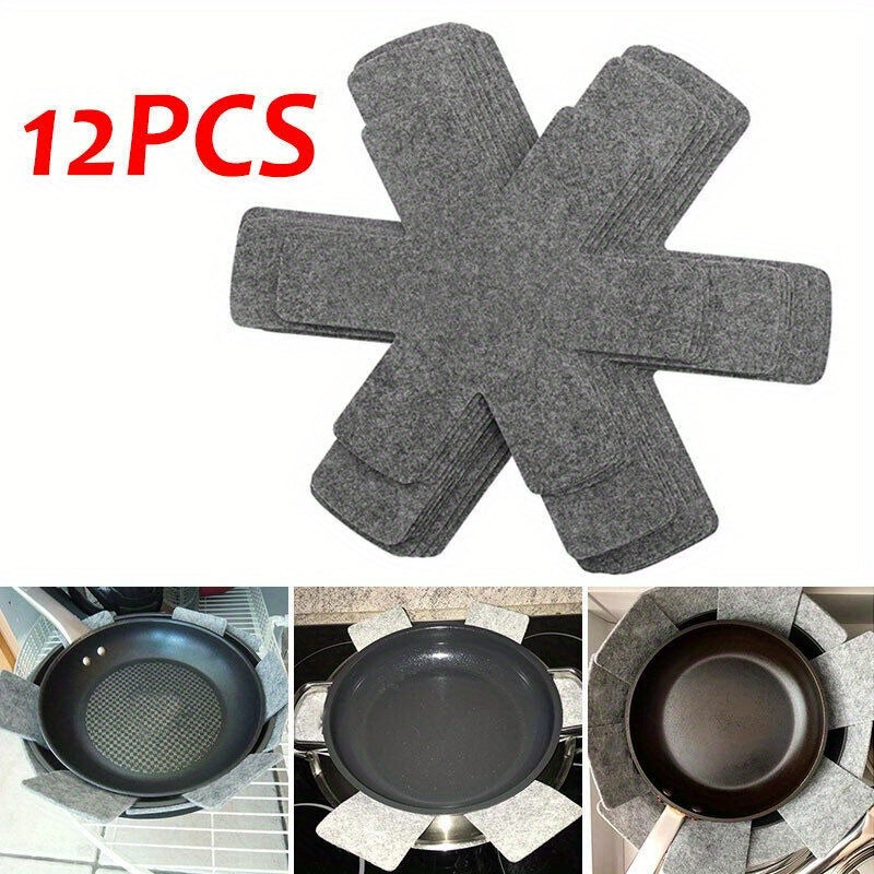 12 pieces of gray felt pad protectors for home use to prevent scratching and sticking on cookware, pots, pans, and utensils. A must-have accessory for your kitchen.