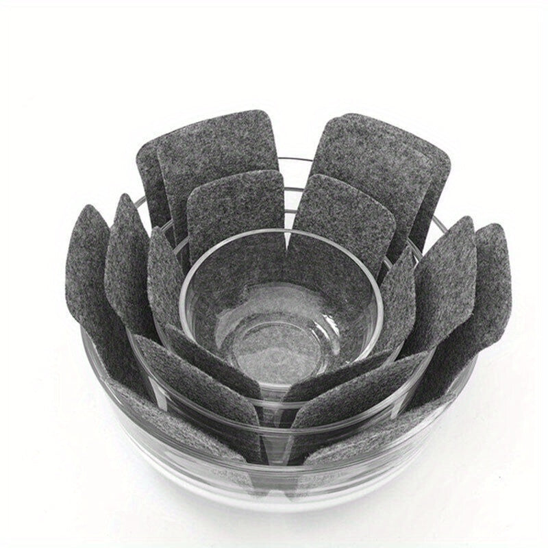 12 pieces of gray felt pad protectors for home use to prevent scratching and sticking on cookware, pots, pans, and utensils. A must-have accessory for your kitchen.