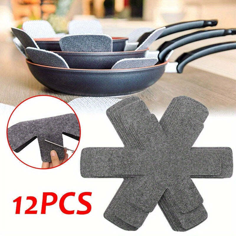 12 pieces of gray felt pad protectors for home use to prevent scratching and sticking on cookware, pots, pans, and utensils. A must-have accessory for your kitchen.