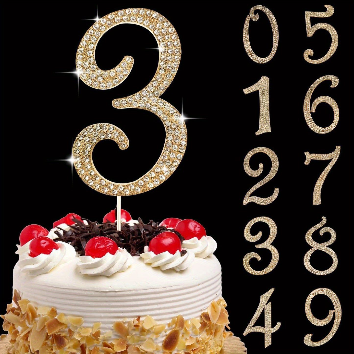 Golden bling rhinestone birthday cake toppers for ages 0-80, perfect for party, wedding, and anniversary decorations.