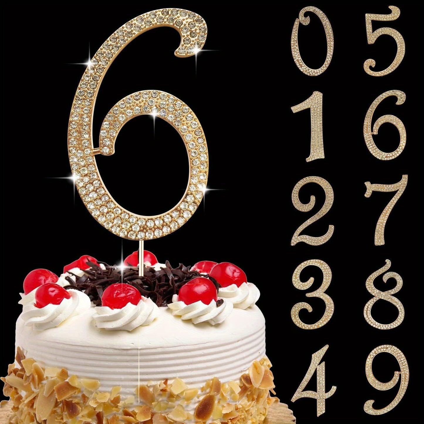 Golden bling rhinestone birthday cake toppers for ages 0-80, perfect for party, wedding, and anniversary decorations.