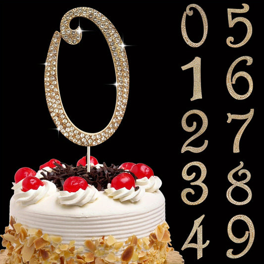 Golden bling rhinestone birthday cake toppers for ages 0-80, perfect for party, wedding, and anniversary decorations.