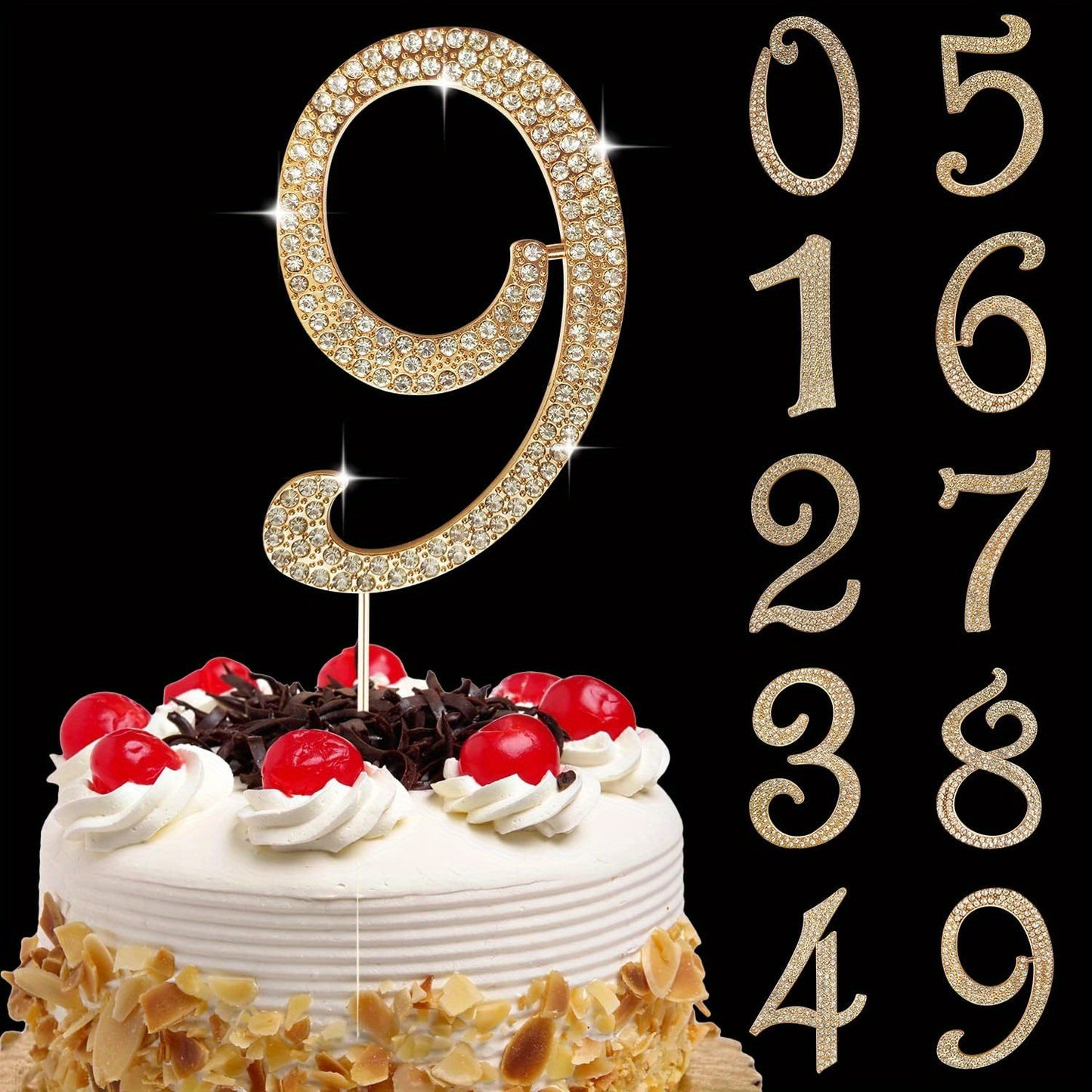 Golden bling rhinestone birthday cake toppers for ages 0-80, perfect for party, wedding, and anniversary decorations.