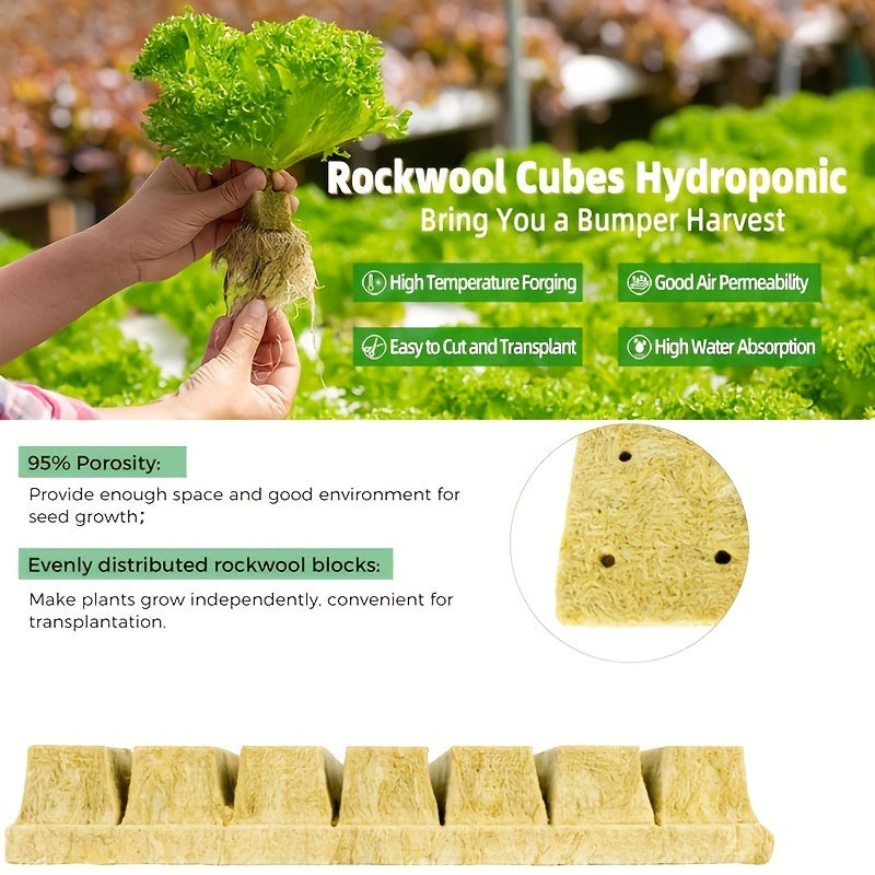 100 EcoGrow Rockwool Hydroponic Grow Cubes - Ideal for Seed Germination and Vegetative Growth, Easy to Cut and Transplant, High Water Retention.