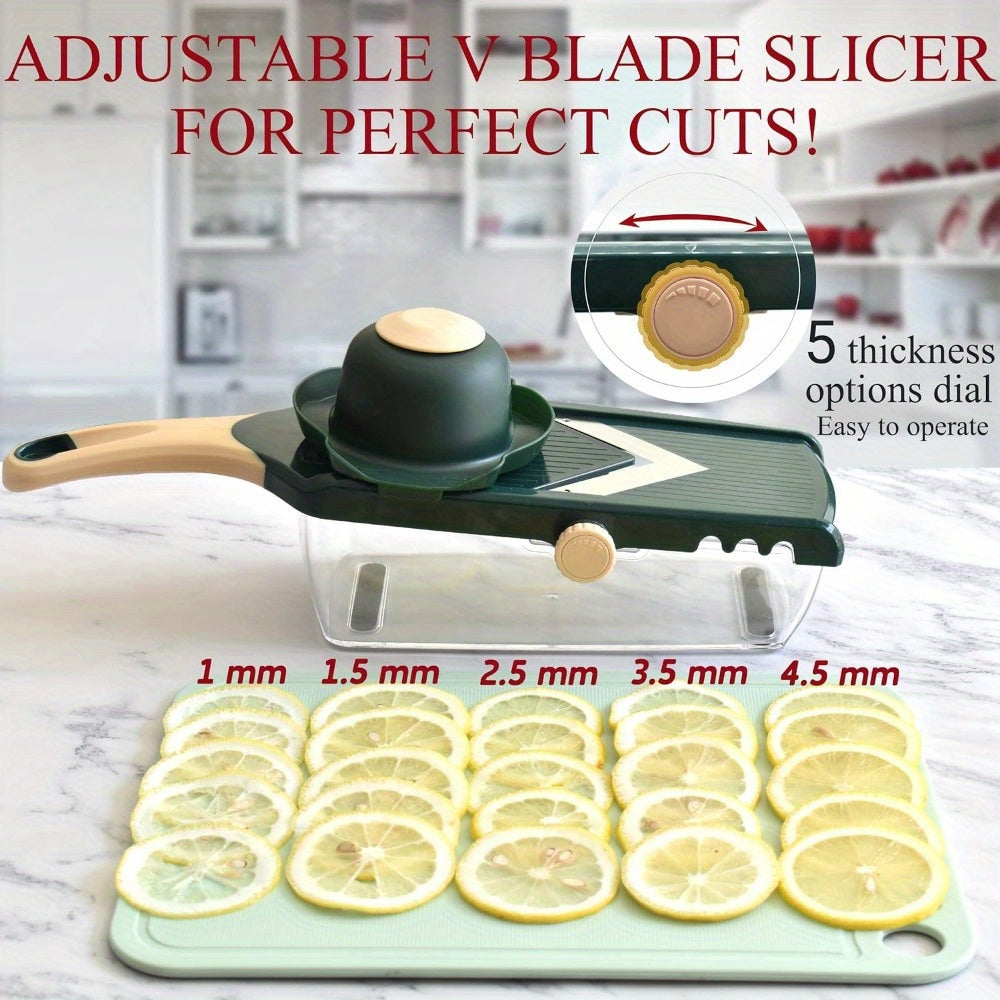 Kitchen Vegetable Cutter with Ultra Sharp V-Blade - Manual Mandoline Slicer, Julienne Slicer with Adjustable Dial, Safety Pusher, Stainless Steel Forks, and Container for Potato, Onion, Tomato, Fruit