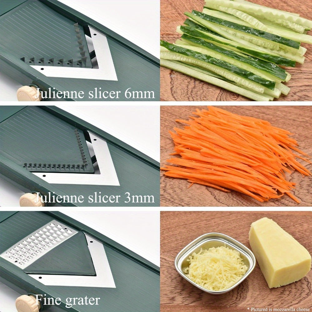 Kitchen Vegetable Cutter with Ultra Sharp V-Blade - Manual Mandoline Slicer, Julienne Slicer with Adjustable Dial, Safety Pusher, Stainless Steel Forks, and Container for Potato, Onion, Tomato, Fruit