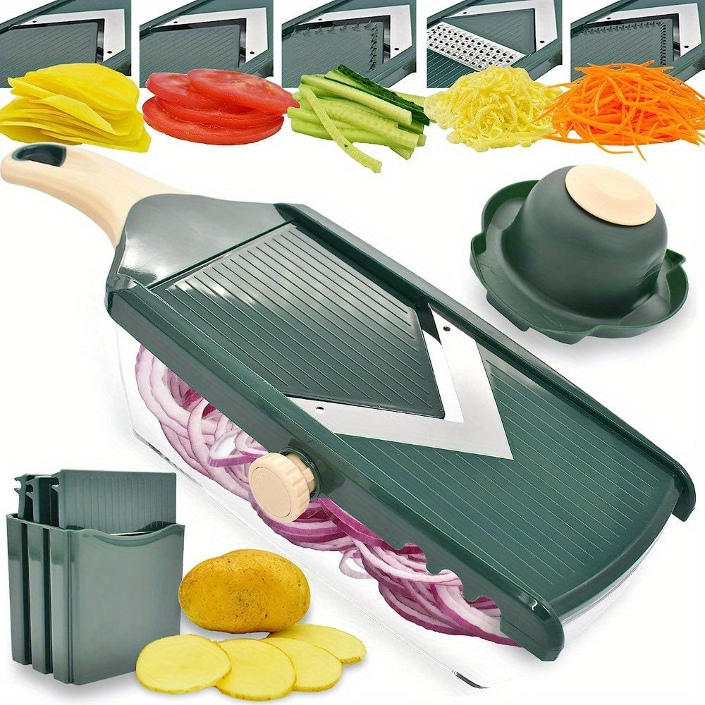 Kitchen Vegetable Cutter with Ultra Sharp V-Blade - Manual Mandoline Slicer, Julienne Slicer with Adjustable Dial, Safety Pusher, Stainless Steel Forks, and Container for Potato, Onion, Tomato, Fruit