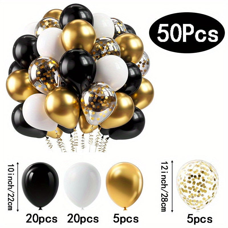 50 black and gold confetti latex balloons for weddings, birthdays, anniversaries, graduations, holidays, Father's Day, indoor or outdoor home and room decor.