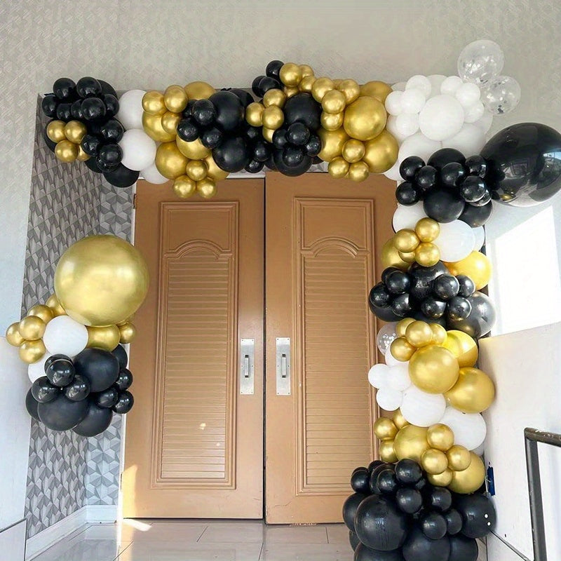 50 black and gold confetti latex balloons for weddings, birthdays, anniversaries, graduations, holidays, Father's Day, indoor or outdoor home and room decor.