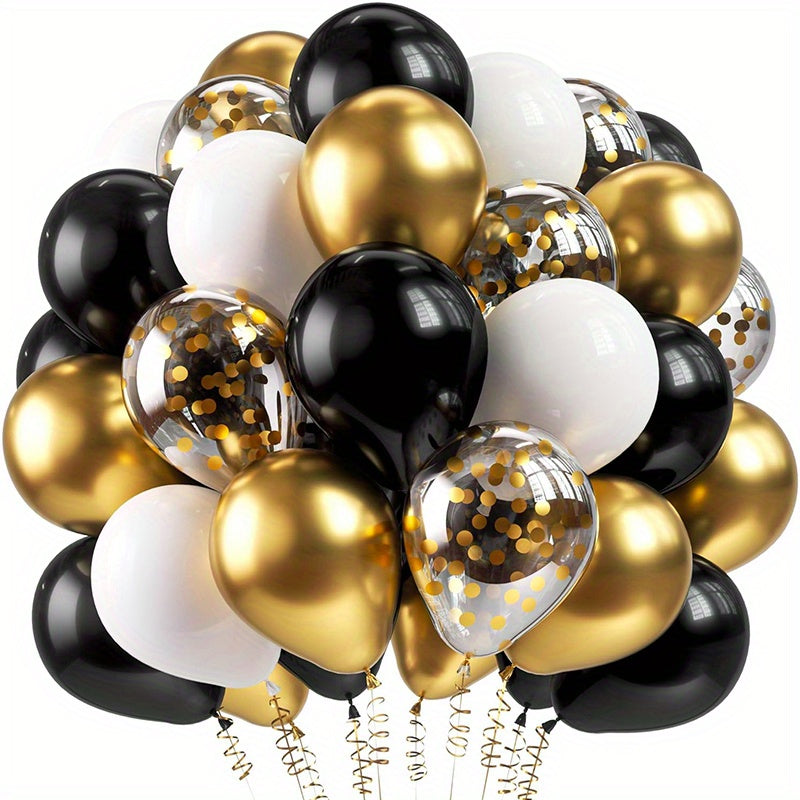 50 black and gold confetti latex balloons for weddings, birthdays, anniversaries, graduations, holidays, Father's Day, indoor or outdoor home and room decor.