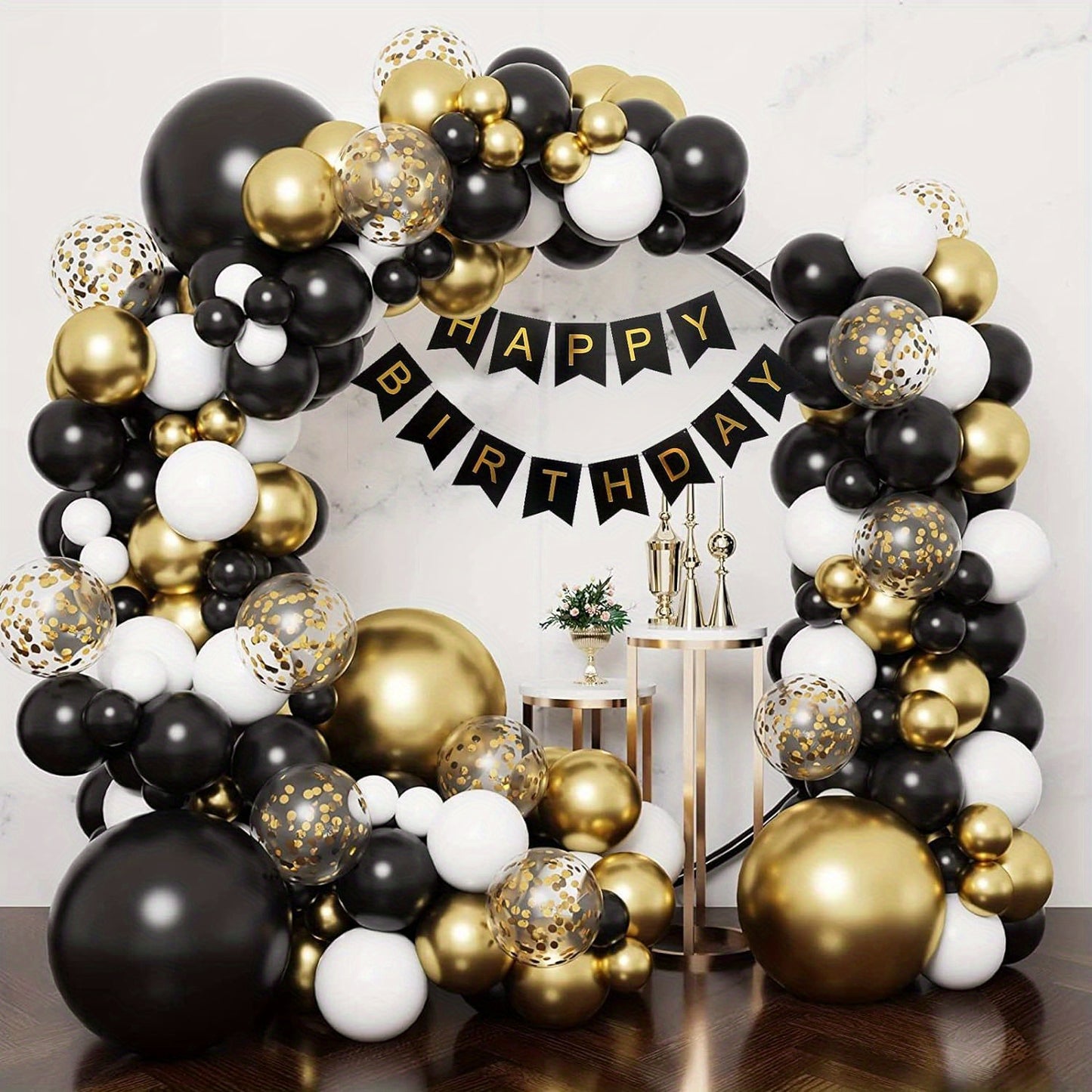 50 black and gold confetti latex balloons for weddings, birthdays, anniversaries, graduations, holidays, Father's Day, indoor or outdoor home and room decor.