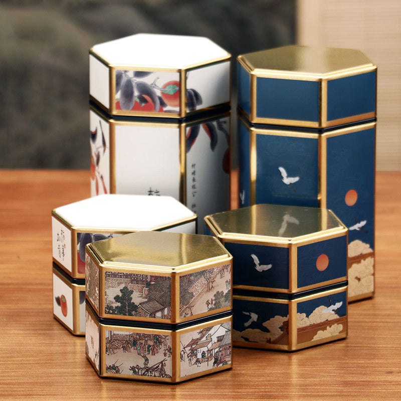 Tea Canister in Creative Hexagonal Design - Features Traditional Chinese Style, Food-Safe Materials, Portable & Compact Tea Storage Solution for Kitchen and Dining Needs. Ideal for Storing Tea Packs and Other Kitchen Accessories.