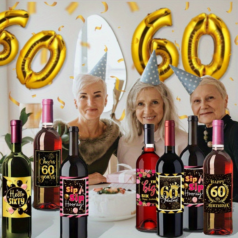 6pcs 60th Birthday Wine Bottle Labels for Party Decoration