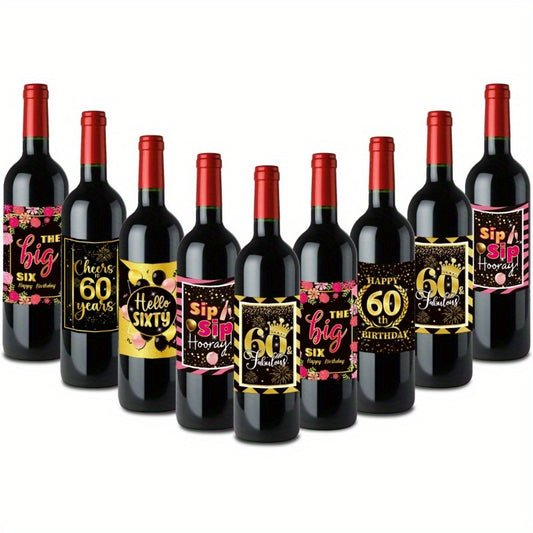 6pcs 60th Birthday Wine Bottle Labels for Party Decoration