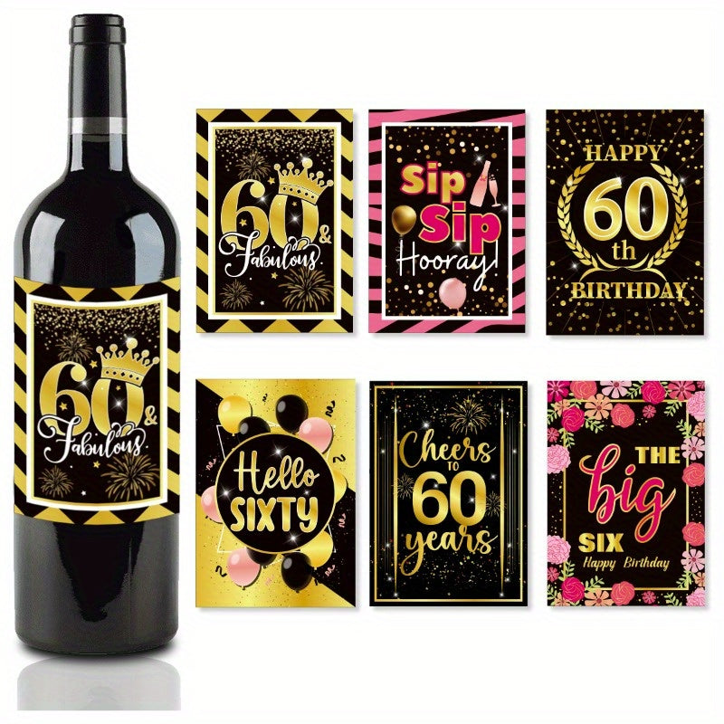 6pcs 60th Birthday Wine Bottle Labels for Party Decoration