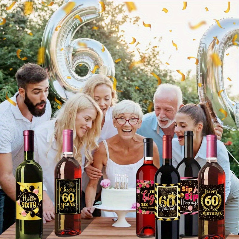 6pcs 60th Birthday Wine Bottle Labels for Party Decoration