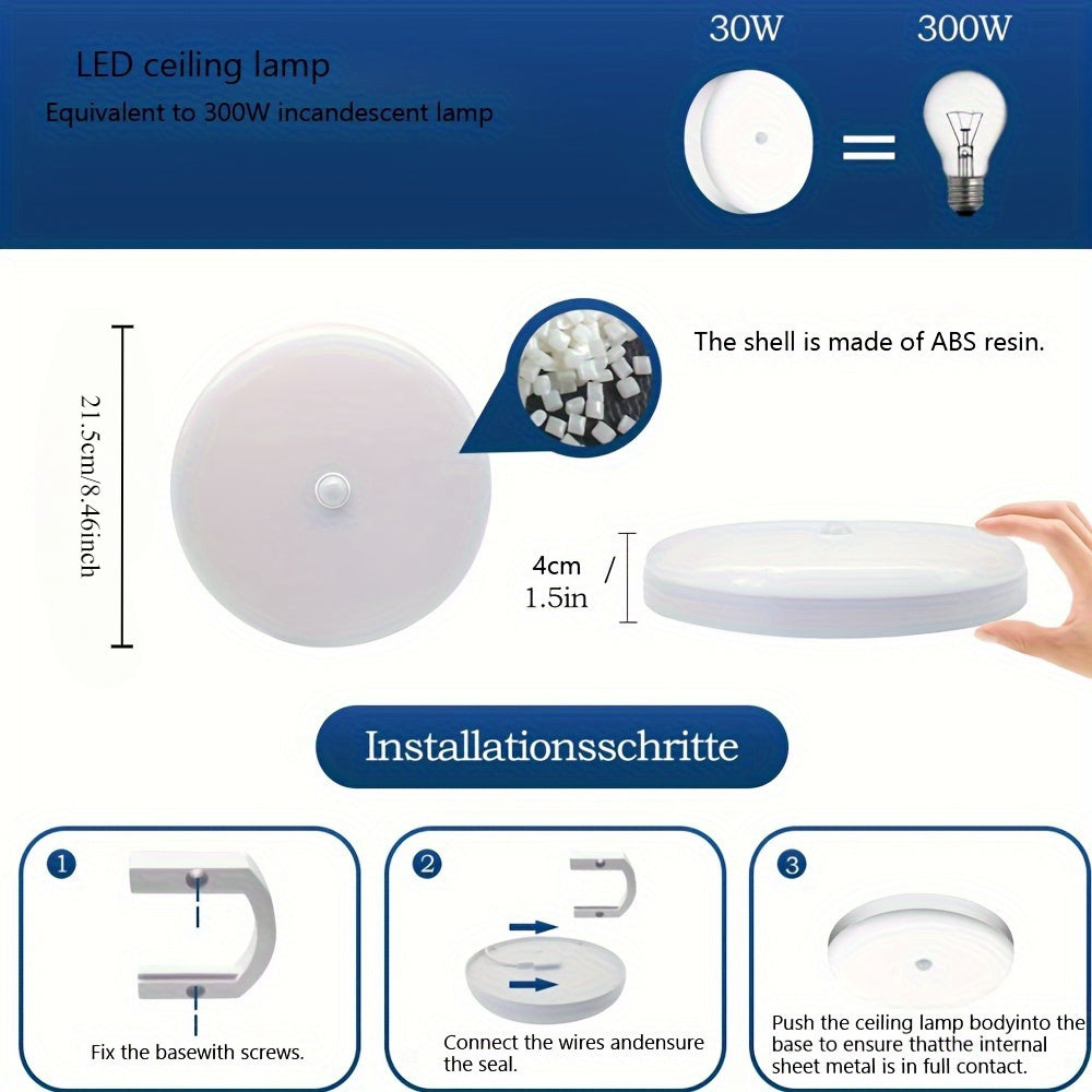 6000K LED Ceiling Fixture with Motion Sensor for Indoor Use, Hardwired, Plastic Material