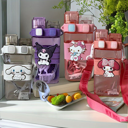 The Sanrio Hello Kitty water bottle is leak-proof, has a large capacity of 520ml, a double straw, and a square shape. It is made of PC material, PVC free, and is ideal for sports, camping, and travel. Hand wash only.