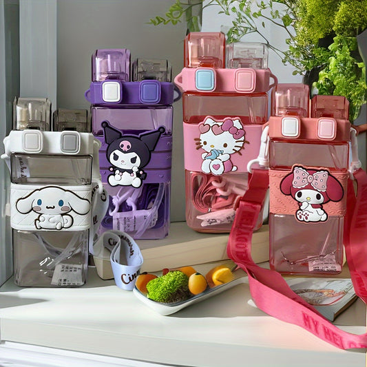 The Sanrio Hello Kitty water bottle is leak-proof, has a large capacity of 520ml, a double straw, and a square shape. It is made of PC material, PVC free, and is ideal for sports, camping, and travel. Hand wash only.