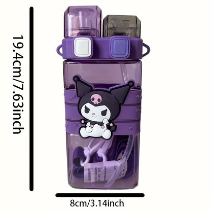 The Sanrio Hello Kitty water bottle is leak-proof, has a large capacity of 520ml, a double straw, and a square shape. It is made of PC material, PVC free, and is ideal for sports, camping, and travel. Hand wash only.