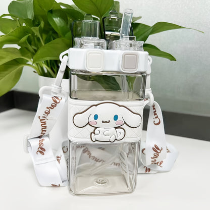 The Sanrio Hello Kitty water bottle is leak-proof, has a large capacity of 520ml, a double straw, and a square shape. It is made of PC material, PVC free, and is ideal for sports, camping, and travel. Hand wash only.