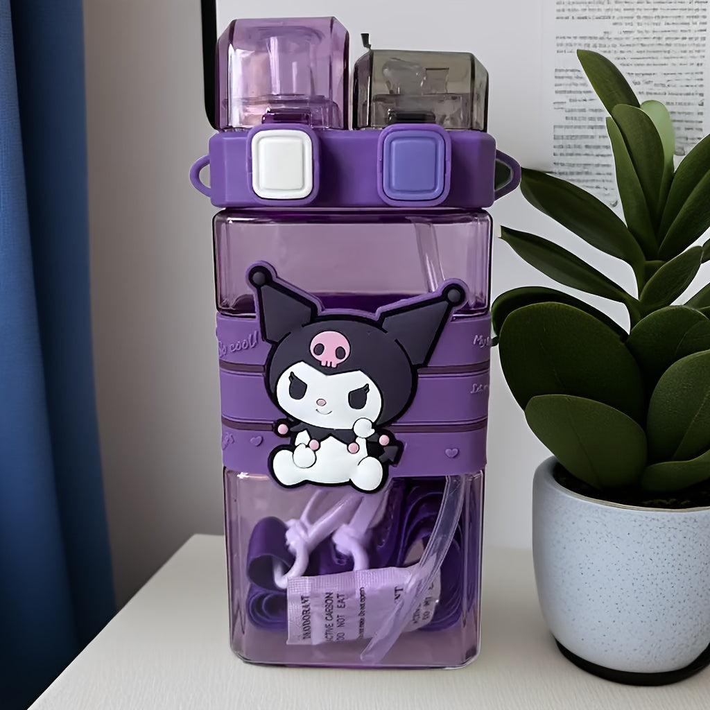 The Sanrio Hello Kitty water bottle is leak-proof, has a large capacity of 520ml, a double straw, and a square shape. It is made of PC material, PVC free, and is ideal for sports, camping, and travel. Hand wash only.