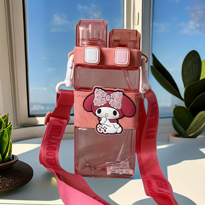 The Sanrio Hello Kitty water bottle is leak-proof, has a large capacity of 520ml, a double straw, and a square shape. It is made of PC material, PVC free, and is ideal for sports, camping, and travel. Hand wash only.