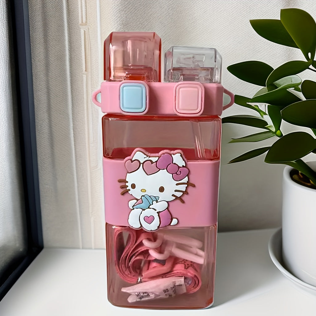 Sanrio Hello Kitty suv shishasi oqmas, 520ml katta sig'imga ega, ikki qozonli va kvadrat shaklga ega. U PC materialidan tayyorlangan, PVC dan ozod va sport, lagerda va sayohat uchun ideal. Faqat qo'l bilan yuvish.