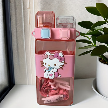 The Sanrio Hello Kitty water bottle is leak-proof, has a large capacity of 520ml, a double straw, and a square shape. It is made of PC material, PVC free, and is ideal for sports, camping, and travel. Hand wash only.