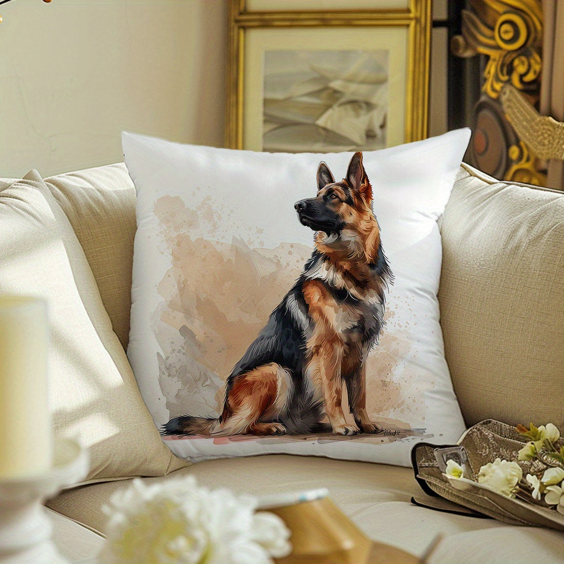 Modern German Shepherd Dog Throw Pillow Cover, 45x45cm, Velvety Texture, Zipper Closure, Machine Washable, Versatile Decor, Single-Sided Polyester Cushion Case