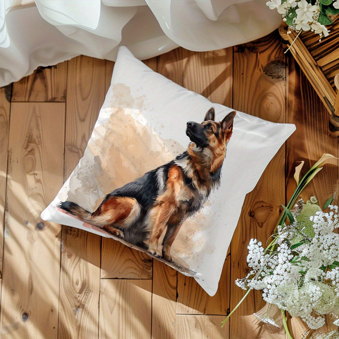 Modern German Shepherd Dog Throw Pillow Cover, 45x45cm, Velvety Texture, Zipper Closure, Machine Washable, Versatile Decor, Single-Sided Polyester Cushion Case