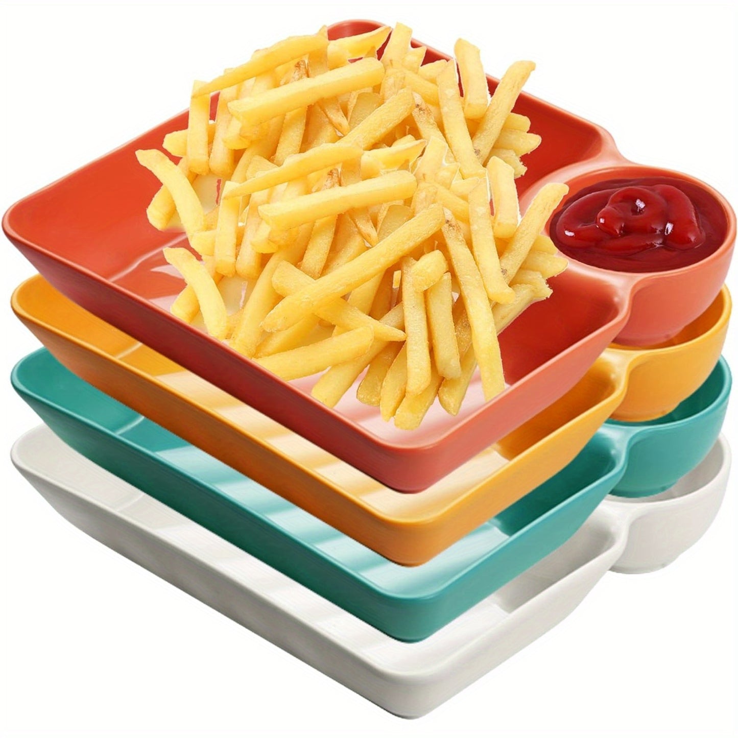 Durable plastic snack tray with tomato sauce dish - ideal for restaurants, homes, and picnics.