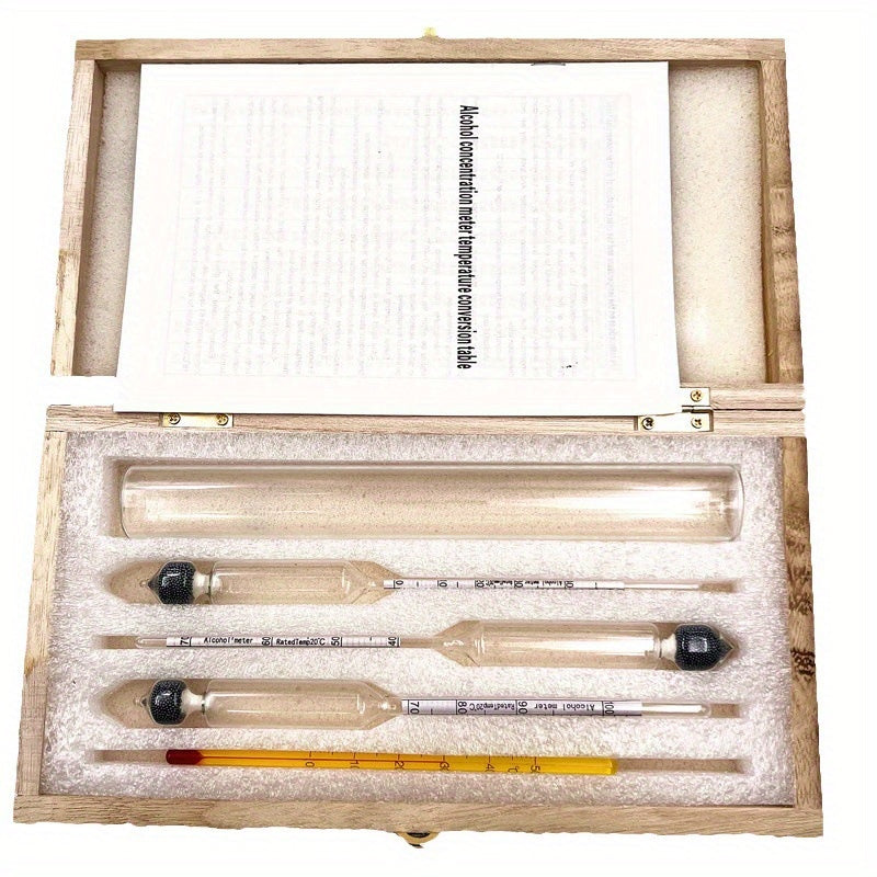 Alcohol testing kit with three test tubes for home brewing, liquor concentration, hygrometer, and density check.